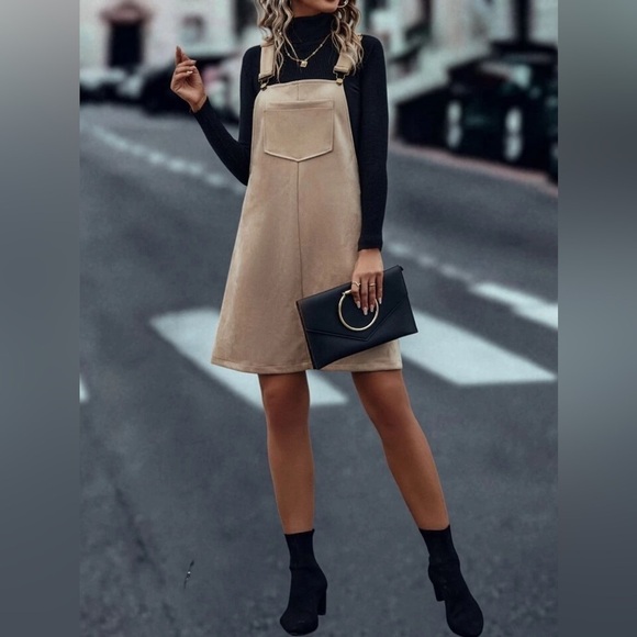 Tan Faux Suede Jumper Dress | Overall | Size Large Women’s - Picture 6 of 12